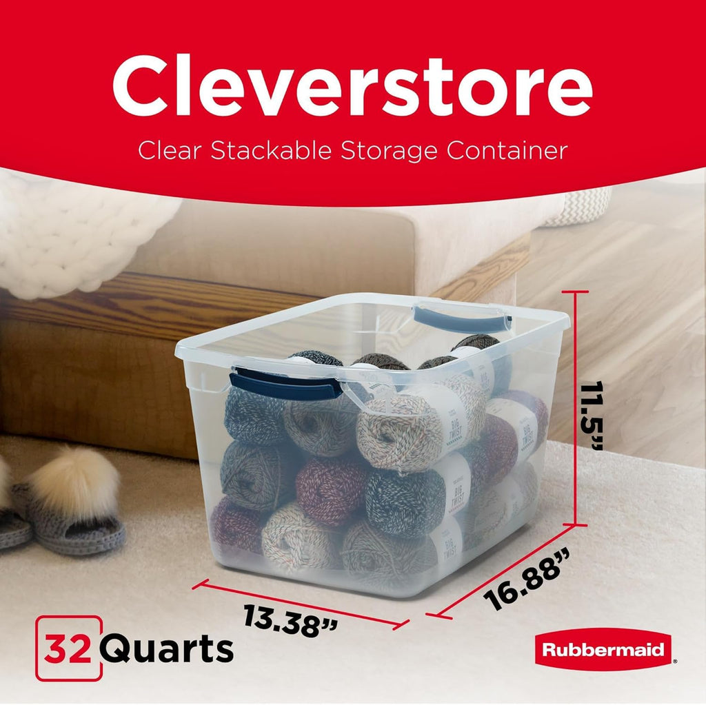 Rubbermaid Cleverstore Clear 32 Qt, 6 Pack Stackable Plastic Storage Containers with Durable Latching Clear Lids, Visible Storage, Great for Closet and Laundry Storage, Organizing in the Home