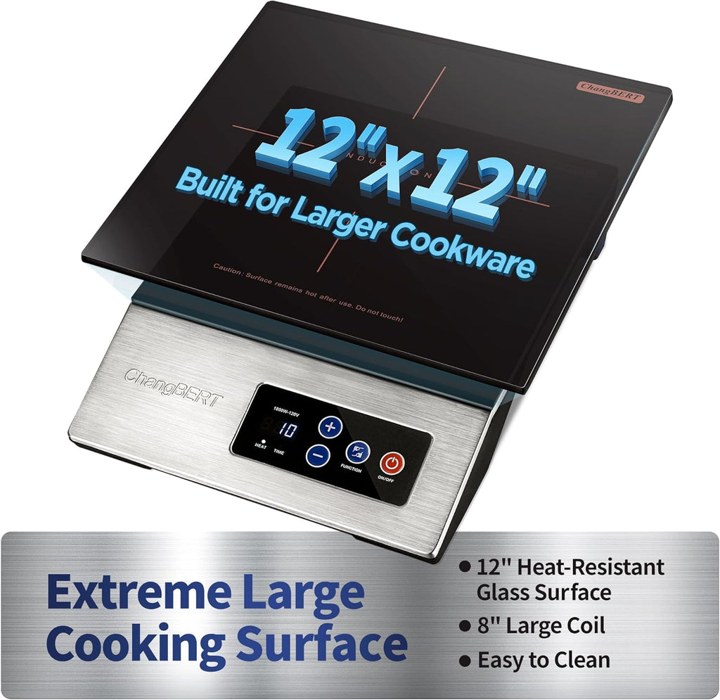 ChangBERT 1800W Commercial Grade Induction Cooktop, NSF Certified Portable Large 8" Heating Coil, 12" Heat Resistant Cooking Surface Premium Stainless Steel Pro Chef Professional Burner Hot Plate