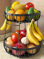 2 Tier Fruit Basket for Kitchen Counter with 2 Banana Hangers, Metal Stackable Fruit Bowl for Kitchen Counter for Bread Vegetable Fruits, Black
