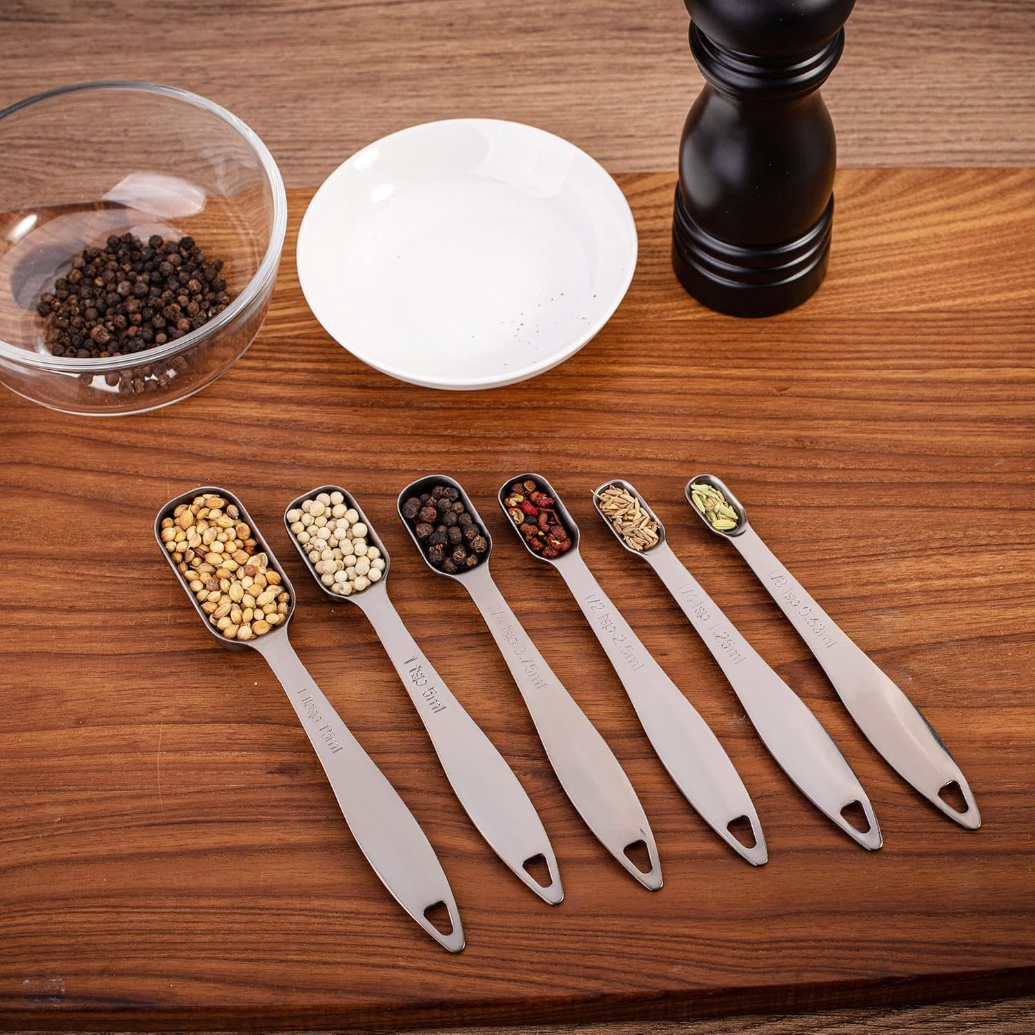 Accurate 18/8 Stainless Steel Measuring Spoons, Heavy Duty Good Handle Set of 6 Measuring Spoon with Ring Connector, Dark Grey