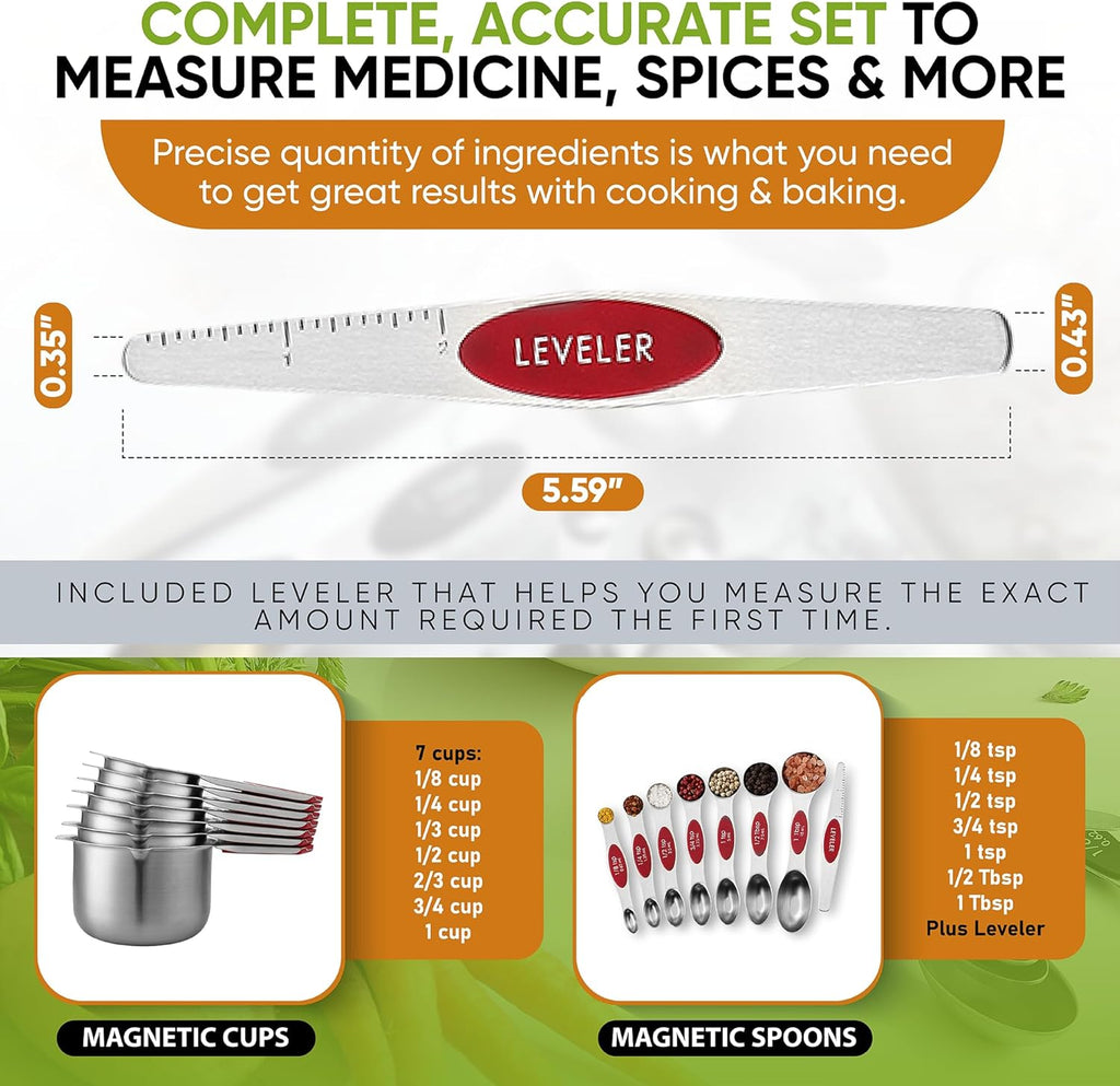 Spring Chef Magnetic Measuring Cups & Spoons Set (Patent Pending), Strong N45 Magnets, Heavy Duty Stainless Steel Fits in Spice Jars for Baking & Cooking, BPA Free, Round Set of 15 with Leveler, Red