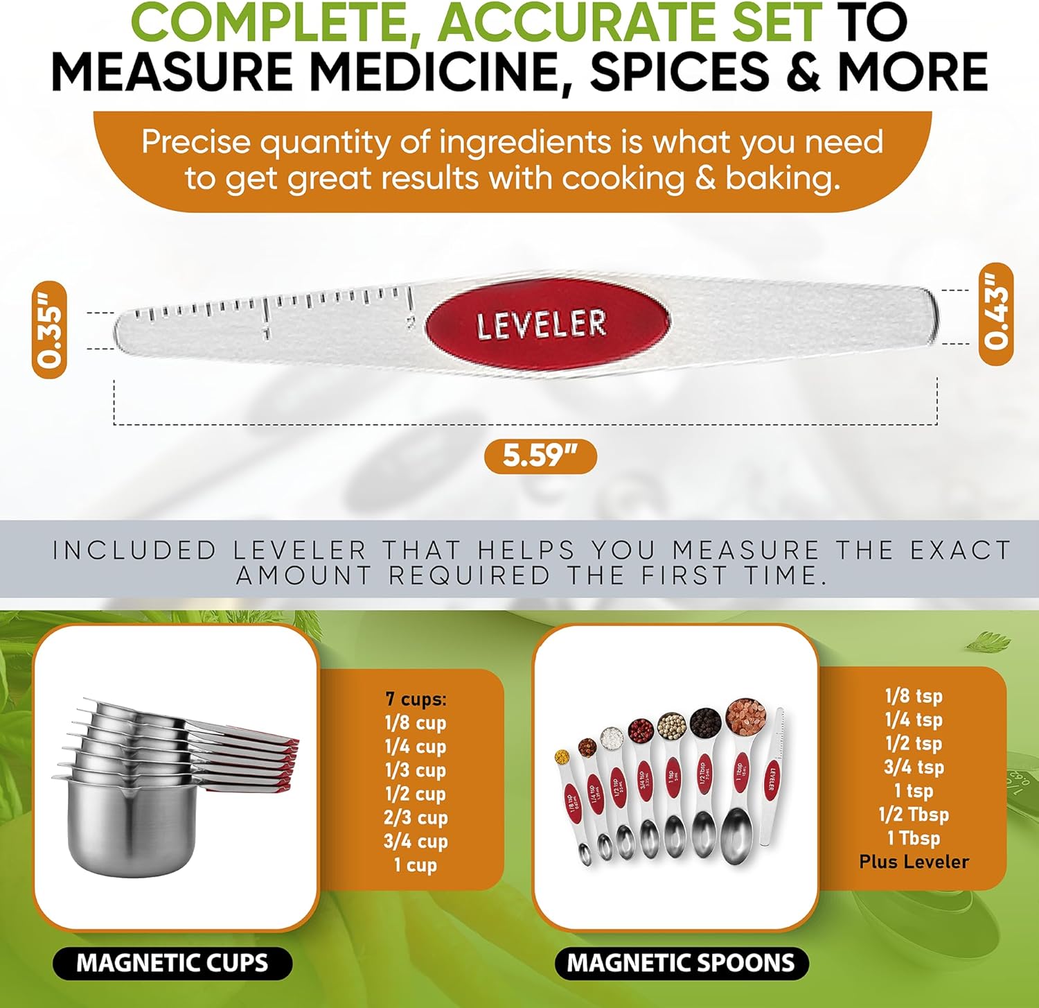 Spring Chef Magnetic Measuring Cups & Spoons Set (Patent Pending), Strong N45 Magnets, Heavy Duty Stainless Steel Fits in Spice Jars for Baking & Cooking, BPA Free, Round Set of 15 with Leveler, Red