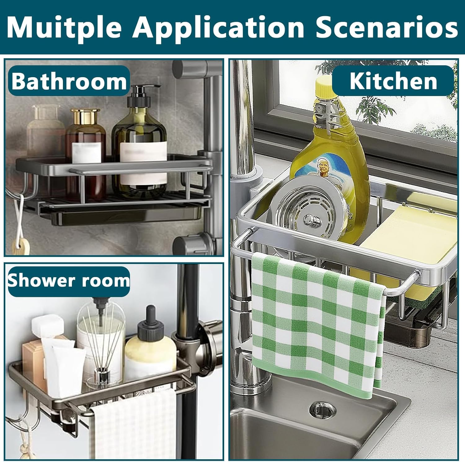 Sink Faucet Organizer Sponge Holder, Over Faucet Sink for 0.7-1.1" Round Water Pipe, Rustproof Caddy Rack, Adjustable Storage Shelf for Kitchen, Bathroom (Either Side Silver)