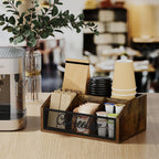 YINMIT Coffee Station Organizer for Countertop, Wood Coffee Bar Organizer with Removable Dividers for Pods, Syrup, Cups, Stirrer, Tea - Office Coffee Bar Accessories