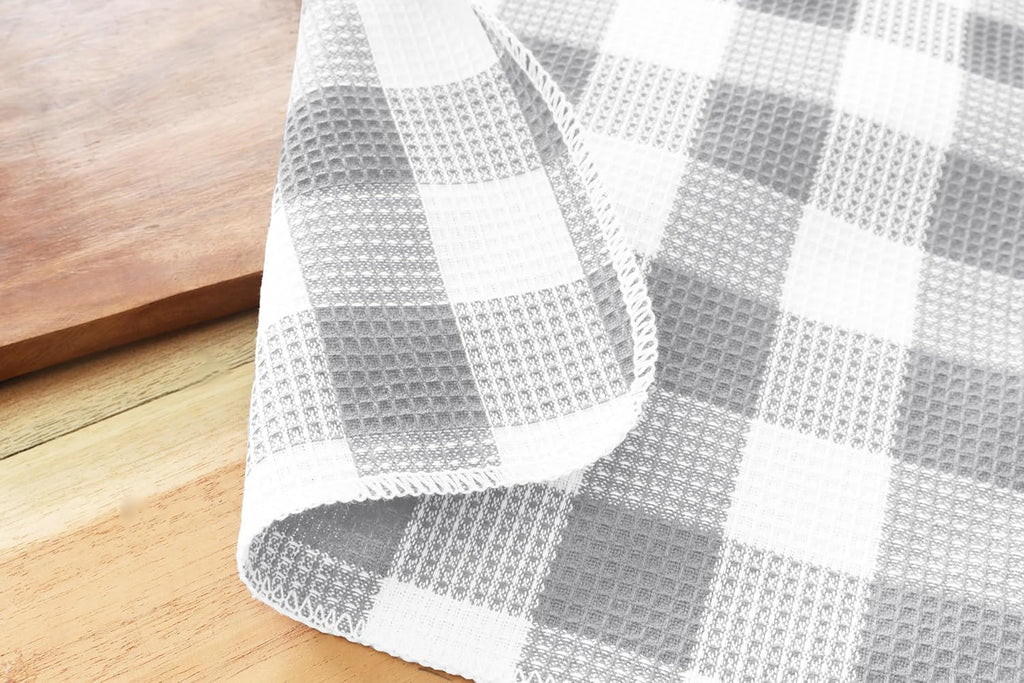 PurpleEssences Waffle Weave Plaid Dish Cloths, 100% Cotton - 12 x 12 Inches, Ultra Soft Absorbent Quick Drying Dish Towels Buffalo Check Dish Rags for Kitchen, 8 Pack - Spring Summer - Grey & White
