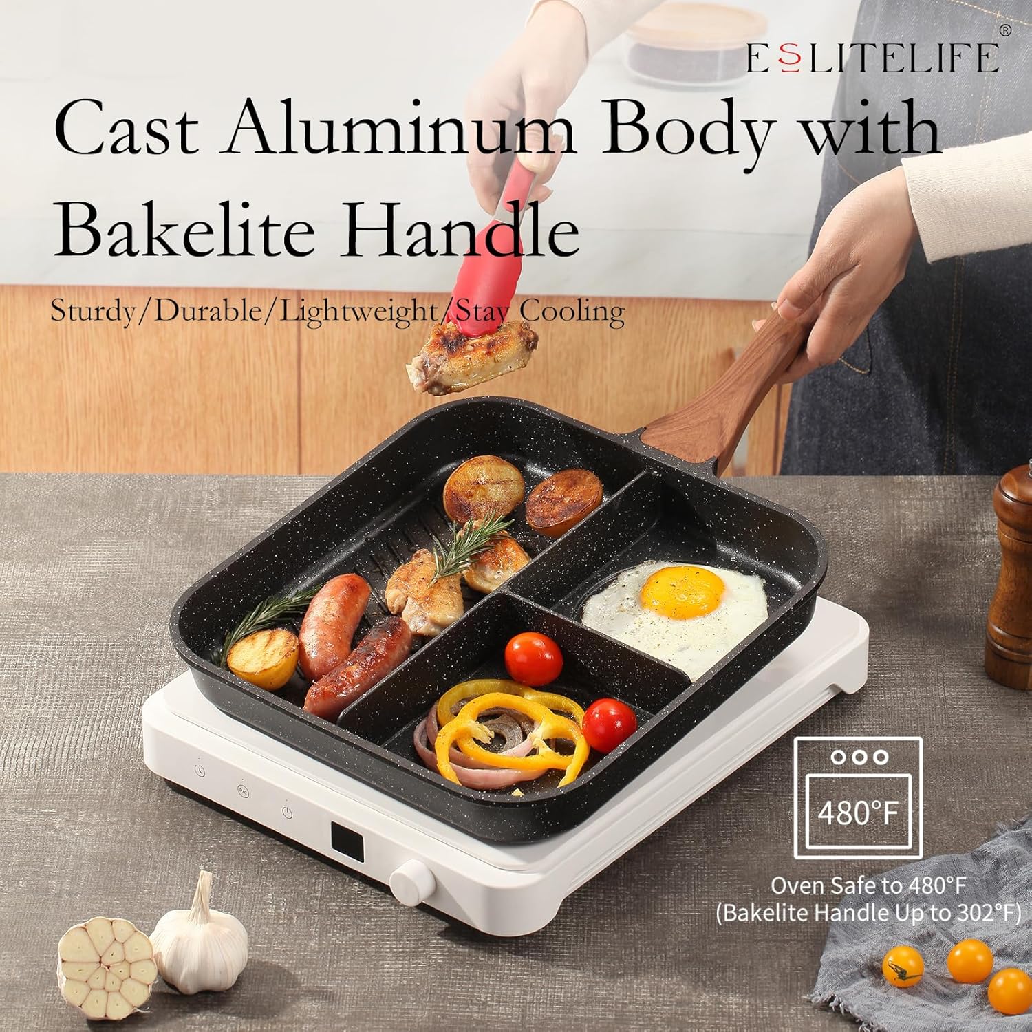 ESLITE LIFE 11 Inch Nonstick Divided Grill Pan with Lid for Indoor Cooking, Versatile 3-In-1 Induction Large Breakfast Pan for Stove Tops, PTFE & PFOA Free, Black