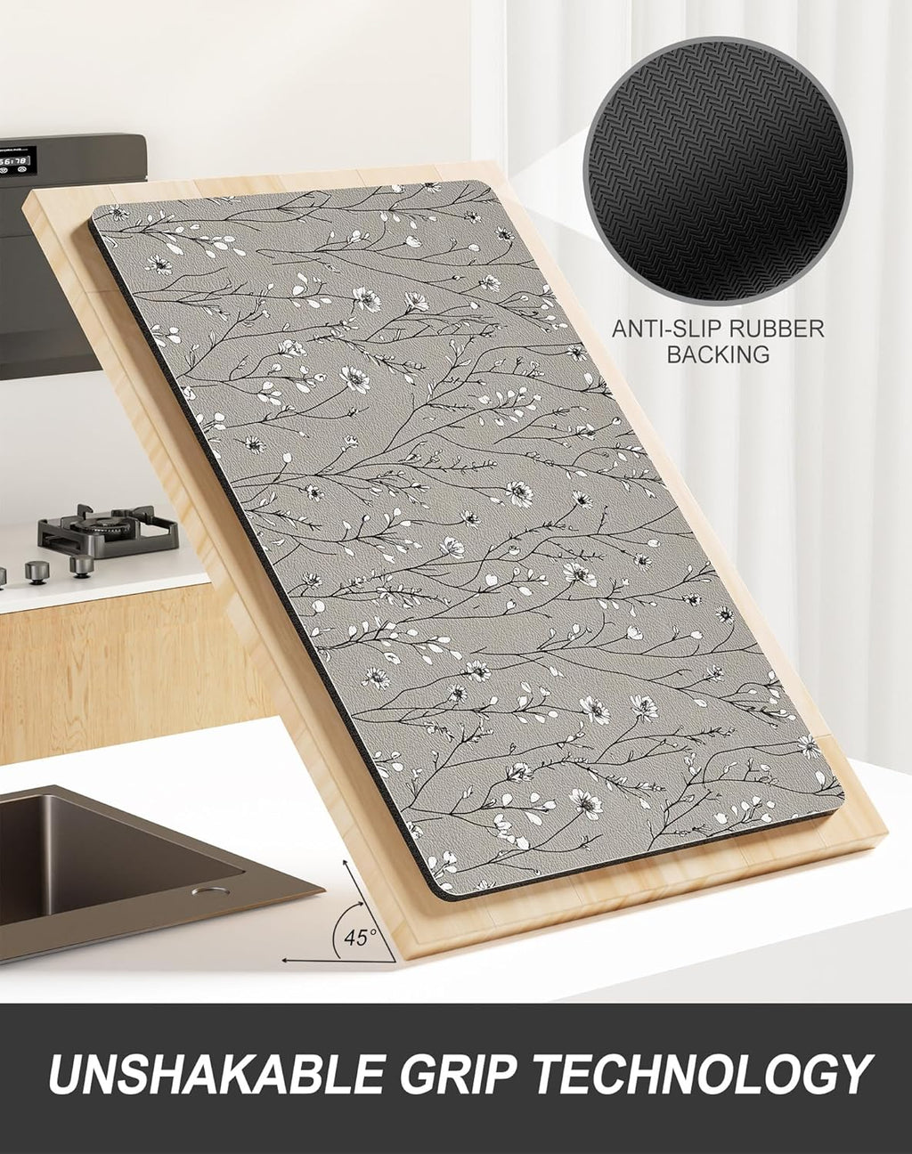 Rnivvi Dish Drying Mat for Kitchen Counter, 12 x 19" Cute Flower Theme Super Absorbent Draining Pad, Non-Slip Heat Resistant Coffee Bar Mats for Coffee Machine Station Accessories, Grey Dish Rack Pad