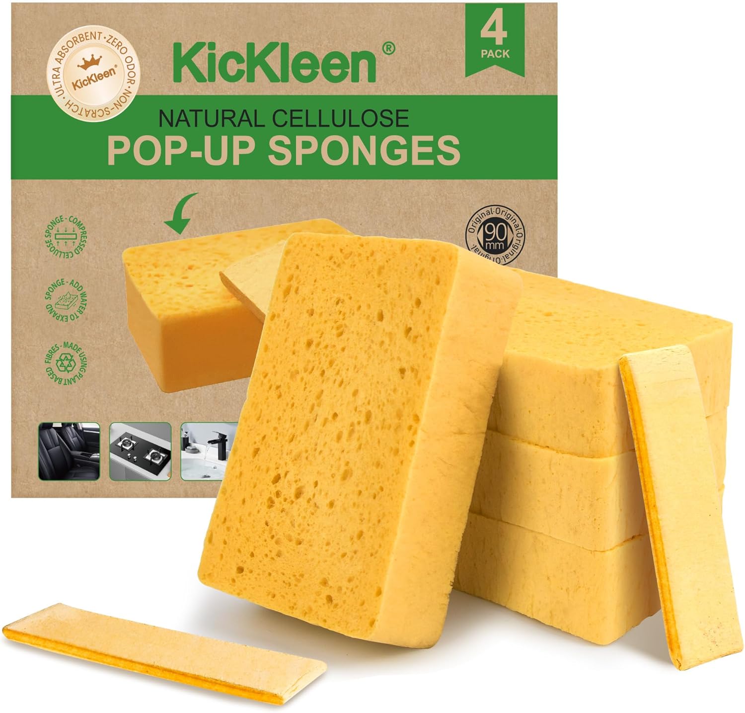 4 Pack Compostable Pop-Up Sponges - Expanding, Non-Scratch, Plant-Based Dish Cellulose Sponges Car Wash Sponge