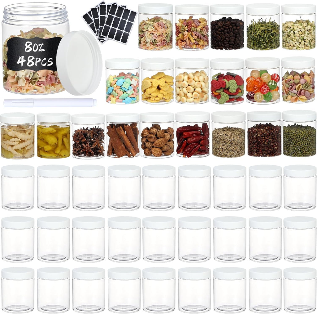 48pcs 8 oz Plastic Containers with Lids Labels Leak Proof BPA Free Airtight Refillable Clear Small Containers Storage Jars for Storing Dry Food Slime Honey Jam,white