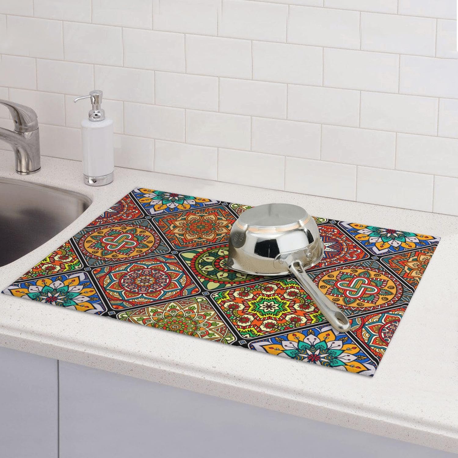 Retro Dish Drying Mat for Kitchen Counter Mandala Colorful Dish Drainer Rack Mats Boho Decor Washable Absorbent Reversible Microfiber Drying Pad Kitchen Accessories 18"x24"