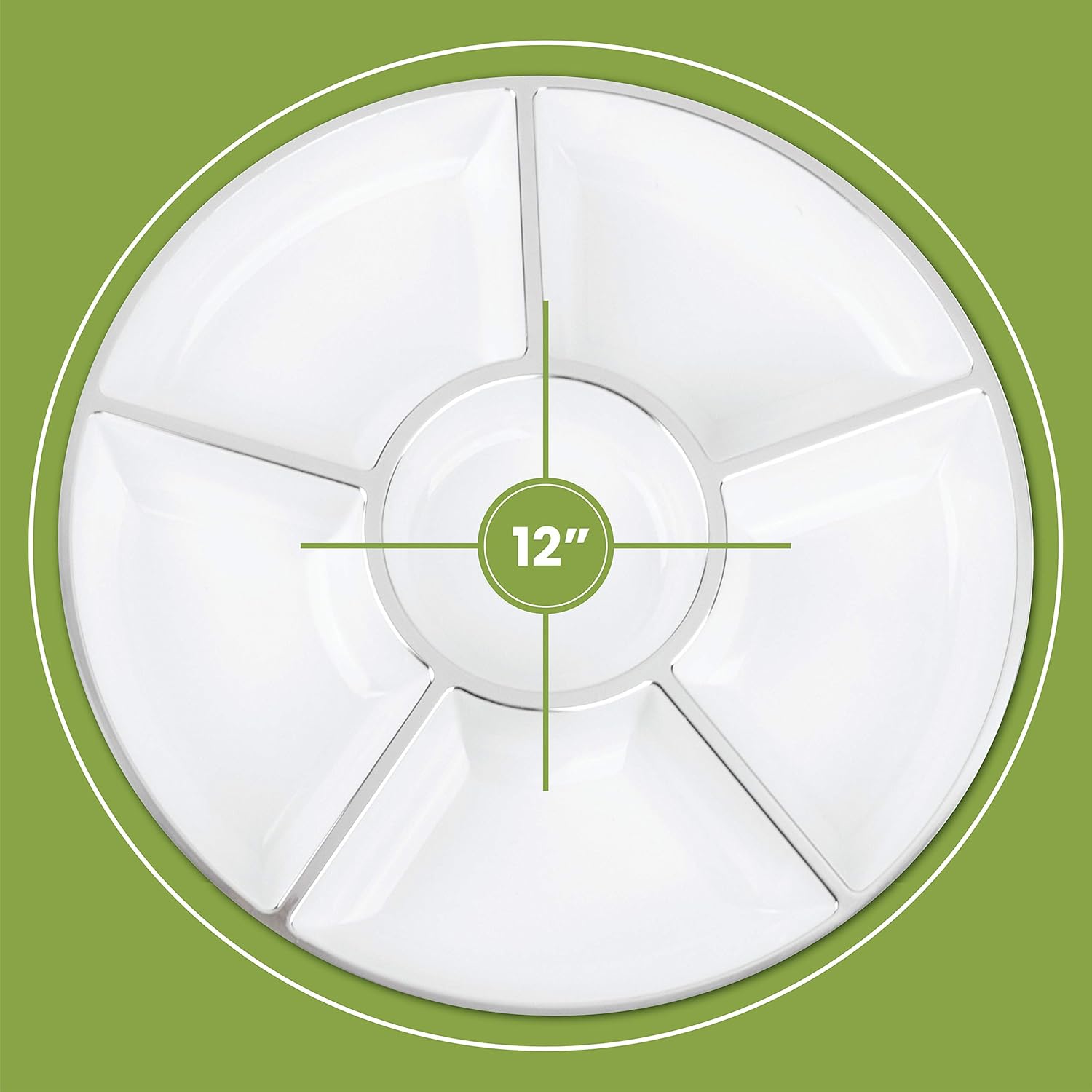 Plasticpro 6 Sectional Round Plastic Serving Tray/Platters White & Silver Pack of 4