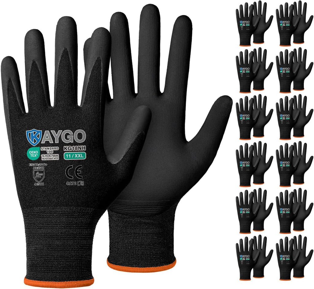 KAYGO Safety Work Gloves MicroFoam Nitrile Coated, 12 Pairs KG18NB,Seamless Knit Nylon Glove with full fingers Touchscreen, Ideal for Automotive,Warehouse,Construction (2XL, Black)