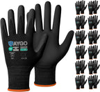 KAYGO Safety Work Gloves MicroFoam Nitrile Coated, 12 Pairs KG18NB,Seamless Knit Nylon Glove with full fingers Touchscreen, Ideal for Automotive,Warehouse,Construction (2XL, Black)