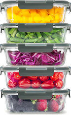 Zulay Kitchen 5 Pack Glass Meal Prep Containers with Lids - Airtight, Premium Borosilicate Glass Food Storage Containers - Microwave, Freezer & Oven Safe, BPA Free - Gray