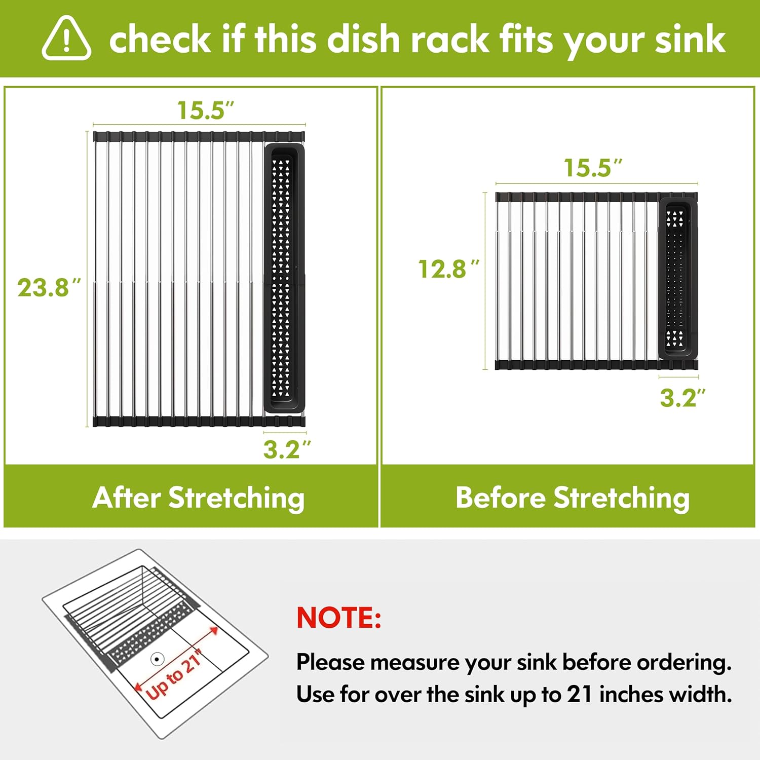 JASIWAY Dish Drying Rack, Roll Up Dryer Rack for Inside Sink, Expandable (12.8"-23.8" D x 15.5" W) 304 Stainless Steel Dish Drainers for Kitchen Counter, Over Sink Cover with Utensil Holder