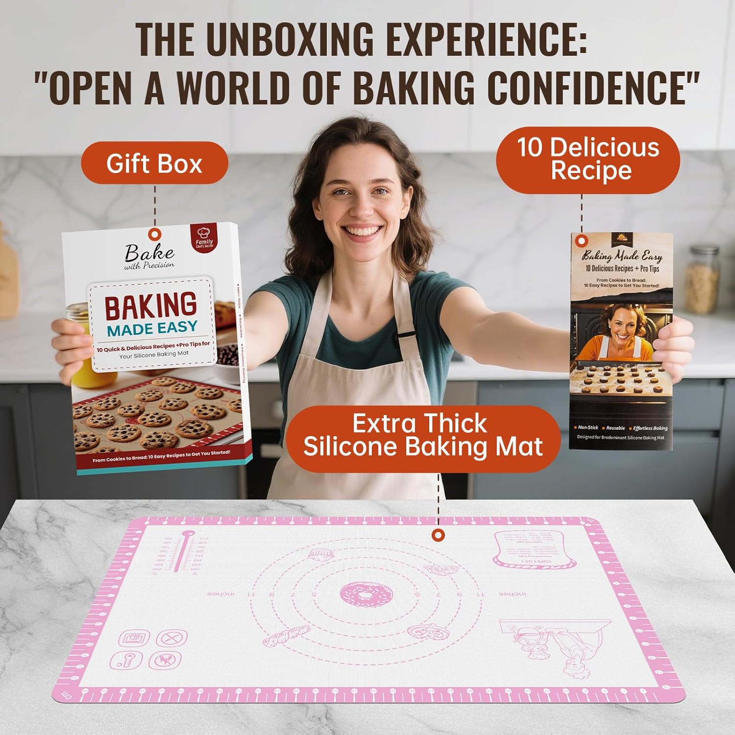 Non Slip Silicone Baking Mat With 10 Useful Recipes, Non Stick Dough Mat for Rolling Out, Silicone Mat for Baking,Cookie, Macaron, Pizza, Surdough, Extra Large and Oven Safe