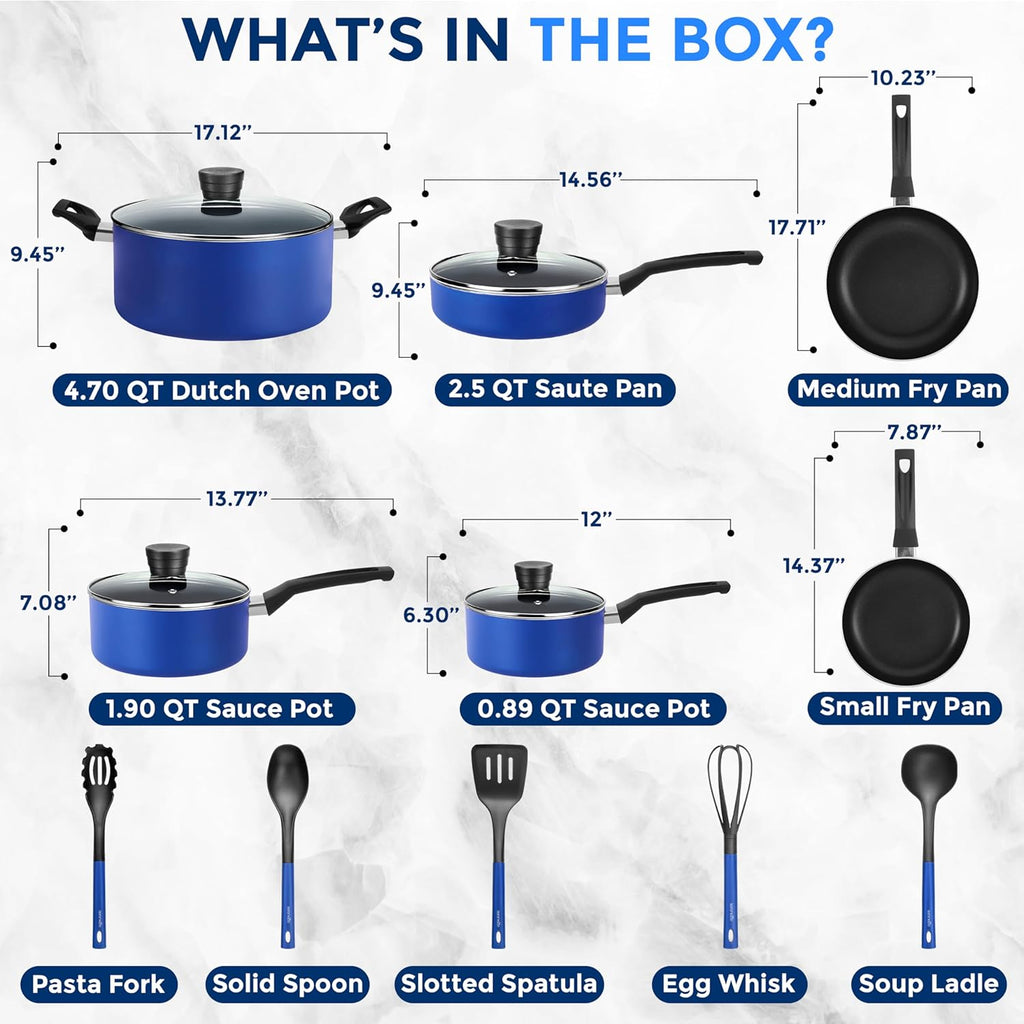 SereneLife 15-Pc Blue Cookware Set - Non-Stick, Heat-Resistant Pots & Pans with Lids, Dishwasher Safe, Includes Matching Utensils