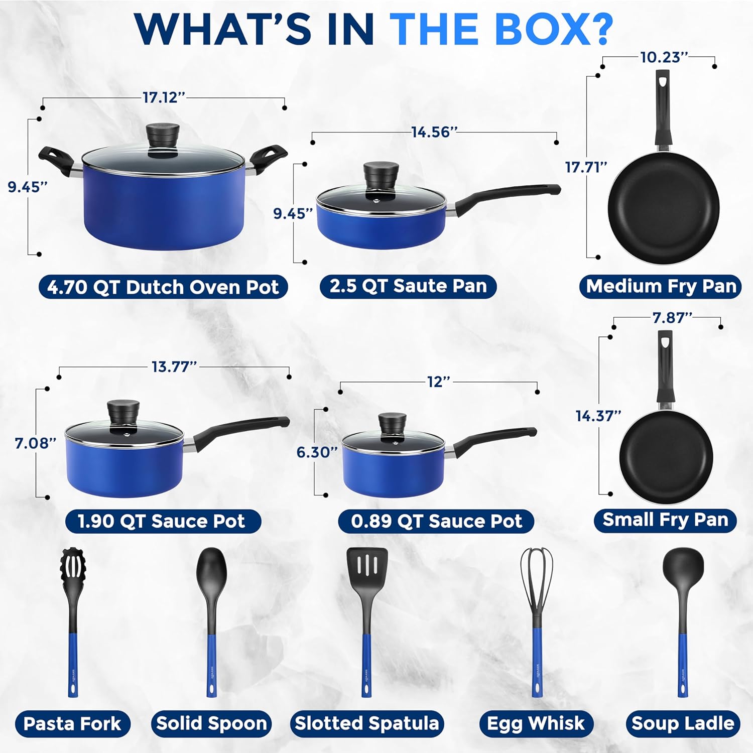 SereneLife 15-Pc Blue Cookware Set - Non-Stick, Heat-Resistant Pots & Pans with Lids, Dishwasher Safe, Includes Matching Utensils