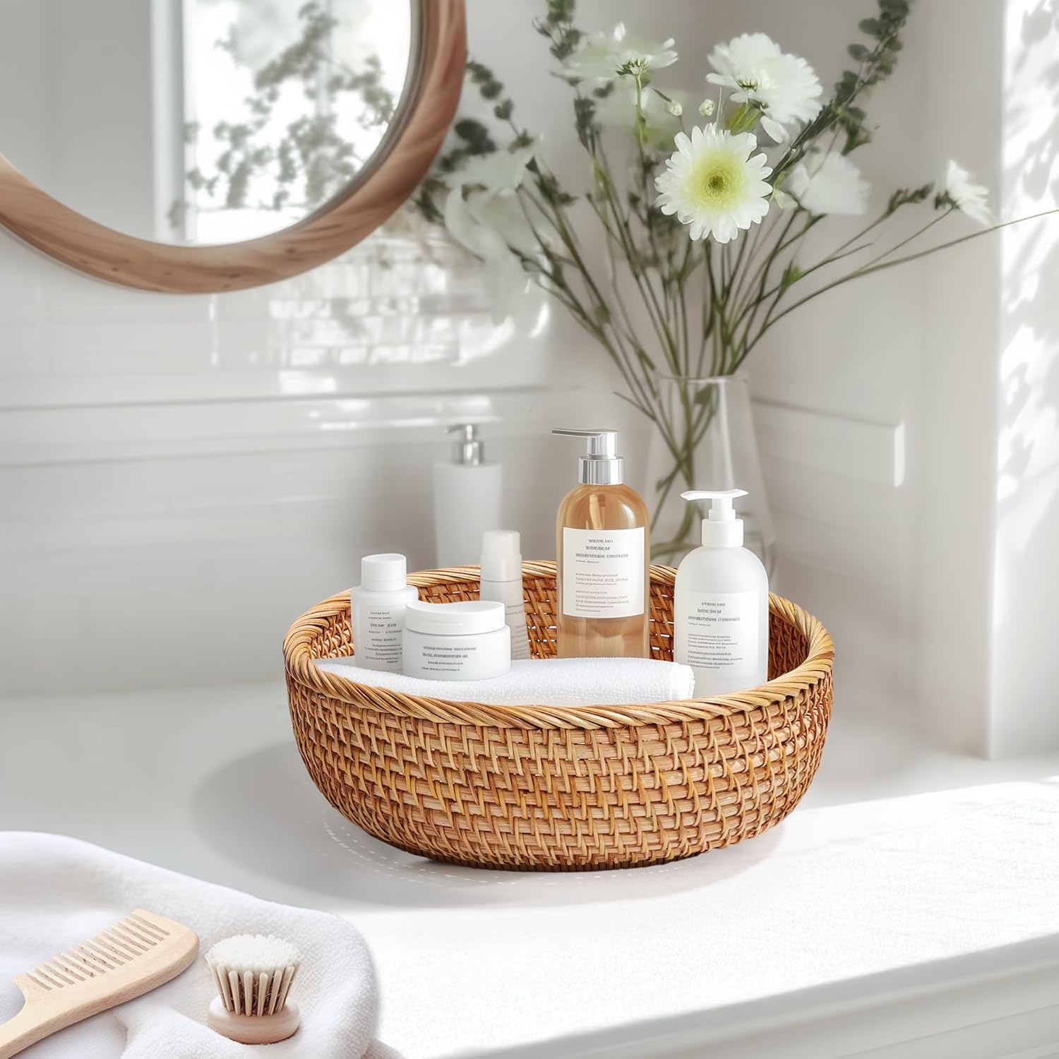 Honey Brown Natural Rattan Bread Basket Set of 3 - Handwoven Round Wicker Serving Bowls for Fruit, Snacks, Kitchen Counter Organizing | Stackable Farmhouse Decor