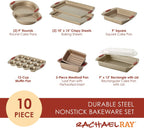Rachael Ray Cucina Nonstick Bakeware Set Baking Cookie Sheets Cake Muffin Bread Pan, 10 Piece, Latte Brown with Cranberry Red Grips & KitchenTools and Gadgets Nylon Cooking Utensils, 2 Piece, Red