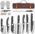 TIVOLI Butcher Knife Set for Meat Cutting, 13Pcs Upgraded High Carbon Steel Hand Forged Kitchen Knife Set with Roll Bag, Viking Chef Knife Set for Kitchen Outdoor BBQ