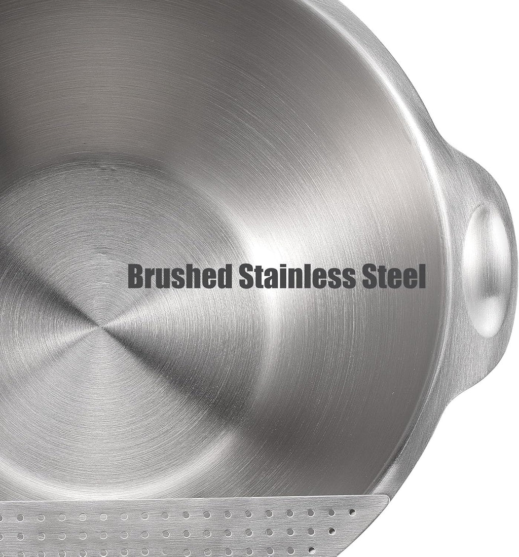 18/10 Stainless Steel Rice Strainer Washer Bowl Versatile Good Grips Colander Tiltable Side Drainers for Washing Cleaning Rinsing Fruits, Vegetables, and Beans - Non-slip Silicone Bottom