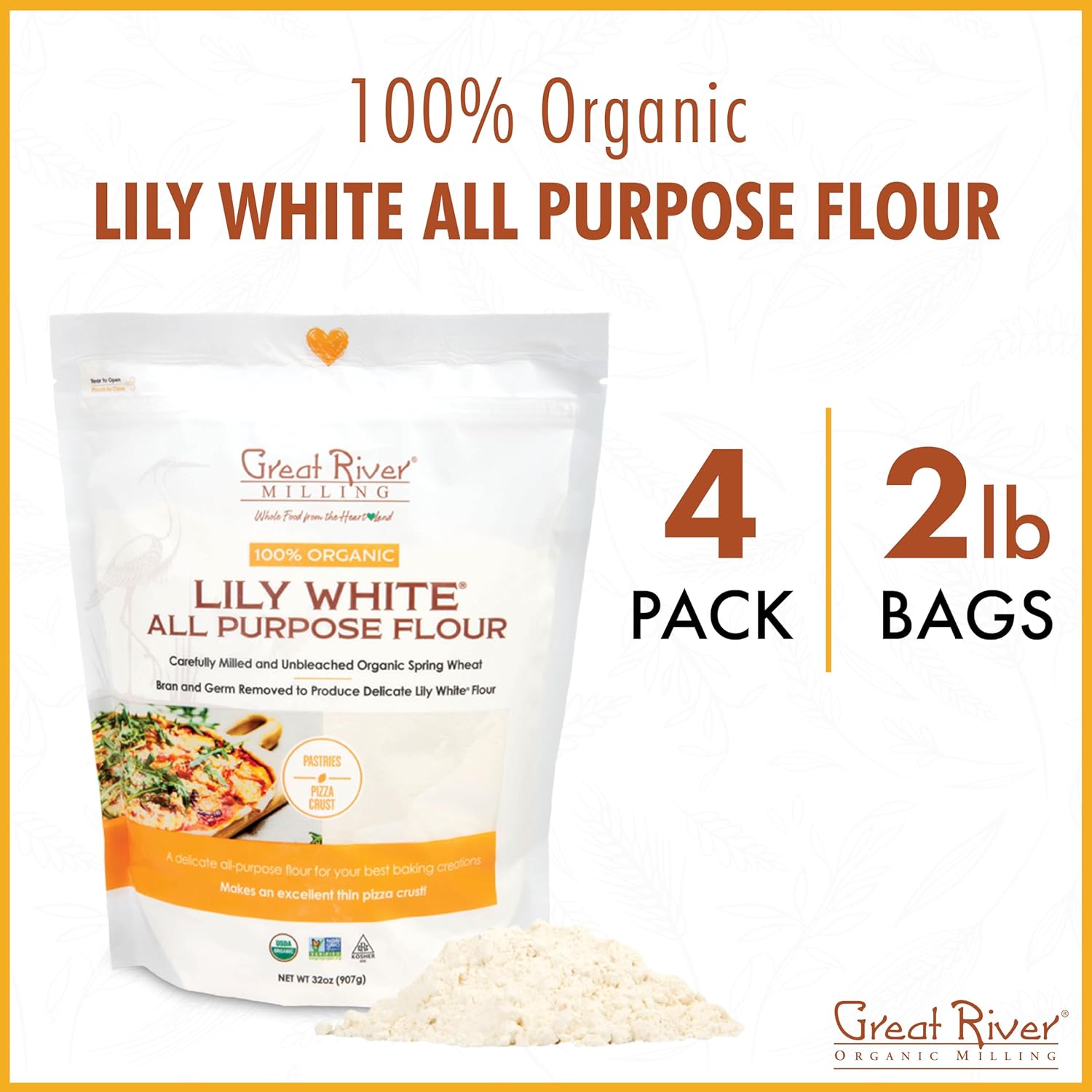 Great River Organic Milling Lily White Organic All-Purpose Flour | Unbleached & Unbromated | Non-GMO, Kosher | Ideal for Bread, Cookies, Cakes, Pizza Dough & Everyday Baking | 2 Lb (Pack of 4)