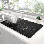 Rnivvi Dish Drying Mat for Kitchen Counter, XL 15 x 24" Cute Marble Absorbent Draining Pad, Non-Slip Heat Resistant Coffee Bar Mats for Coffee Machine Station Accessories, Black Gold Dish Rack Pad