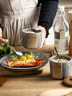 Salt and Pepper Bowl Ceramic, 10 Oz Salt Containers for Countertop Salt Cellar with Wooden Lid and Spoons, Salt and Pepper Set Marble Design, Gray