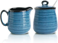 Hasense Porcelain Sugar and Creamer Set,11 Ounce Sugar Bowl with Lid and Spoon,10 Ounce Cream Pitcher,Farmhouse Coffee Sets for Serving,Dishwasher Safe(Blue)
