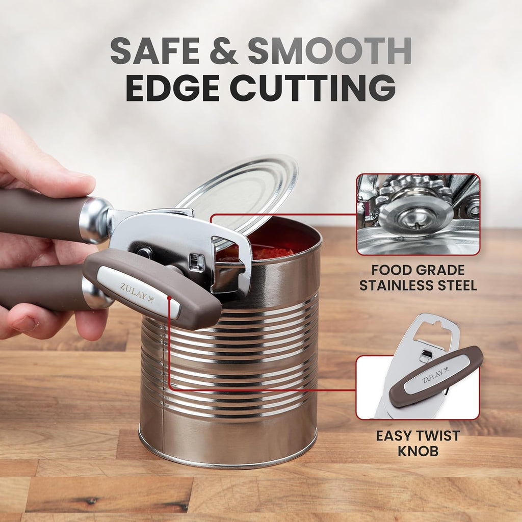 Zulay Kitchen Heavy Duty Stainless Steel Can Opener Manual with Bottle Opener - Rust Proof Manual Can Opener With Turn Knob & Comfy Soft Grip Handles - Brown