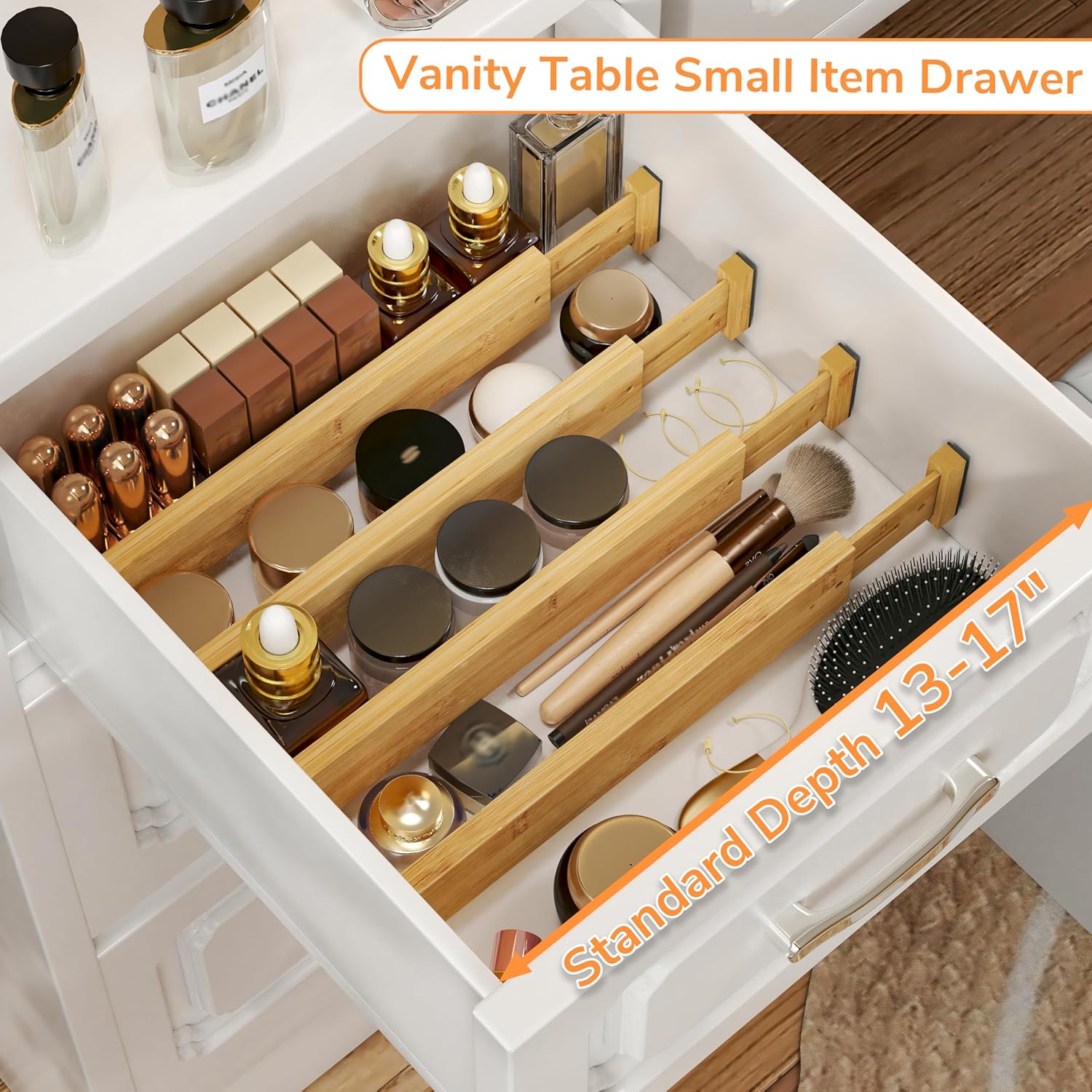 BAMEOS Drawer Divider,Expandable Bamboo Separators Adjustable Utensil Knife Fork Tool Kitchen Organizer, Clothes Fabric Drawer Organizer In Bathroom Bedroom Office, Cabinet Dresser Organizer 4-pack