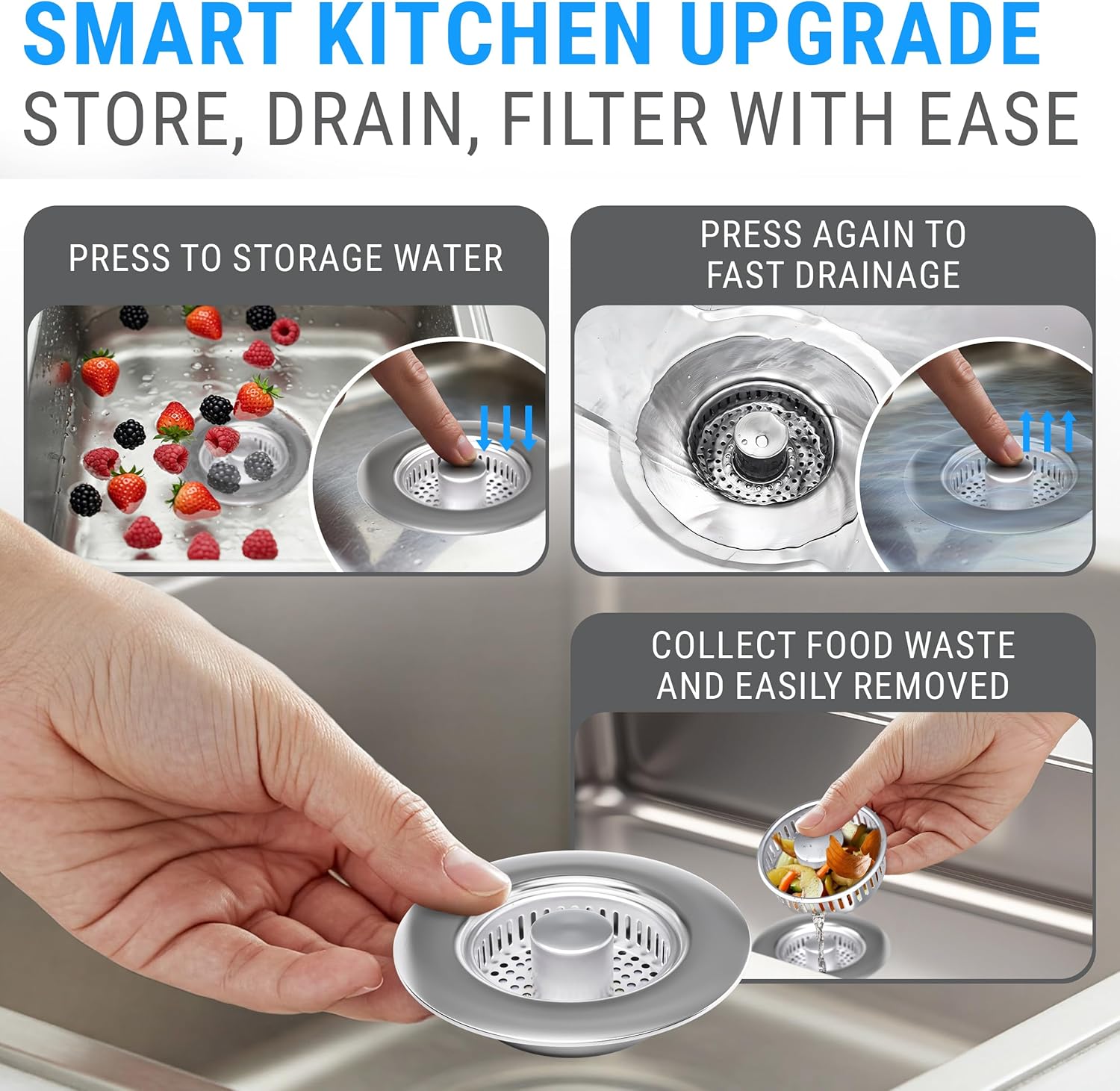 Premium 2 Pack - Kitchen Sink Drain Strainer Bathroom 3 in 1 Stainless Steel Sink Strainer Sink Stopper Dish Drainers Small Plug Filter Clearance Sink Cover Food Catcher Sink Protectors