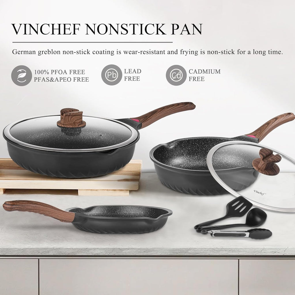 Vinchef Pots and Pans Set, 12pcs Nonstick Induction Kitchen Cookware Sets with Stay-Cool Handles, Frying Pans and Saute Pan with Lid, Silicone Cooking Utensil Sets and Pot Protectors, PFAS, PFOA Free