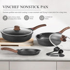 Vinchef Pots and Pans Set, 12pcs Nonstick Induction Kitchen Cookware Sets with Stay-Cool Handles, Frying Pans and Saute Pan with Lid, Silicone Cooking Utensil Sets and Pot Protectors, PFAS, PFOA Free