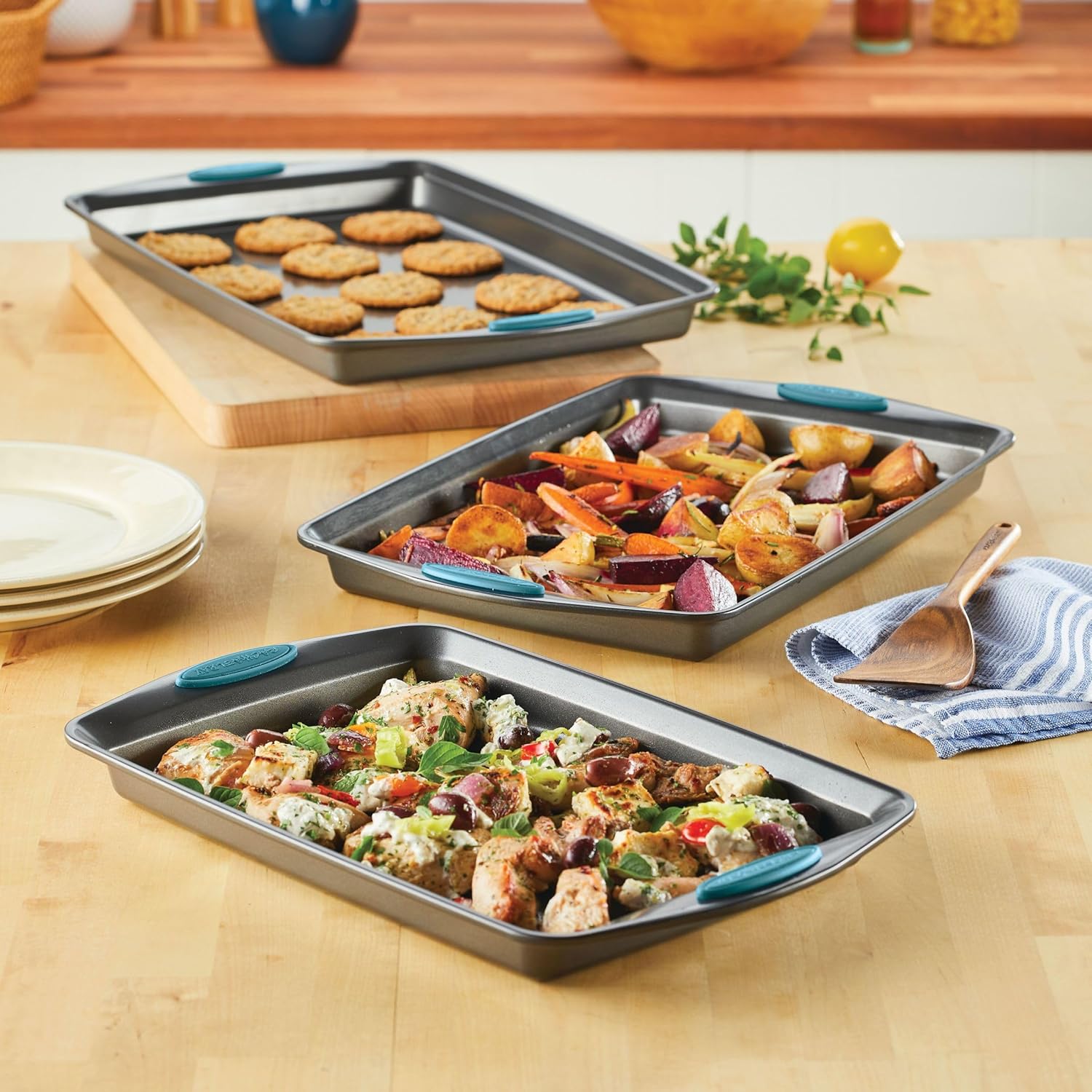 Rachael Ray Bakeware Nonstick Cookie Pan Set, 3-Piece, Gray with Agave Blue Grips