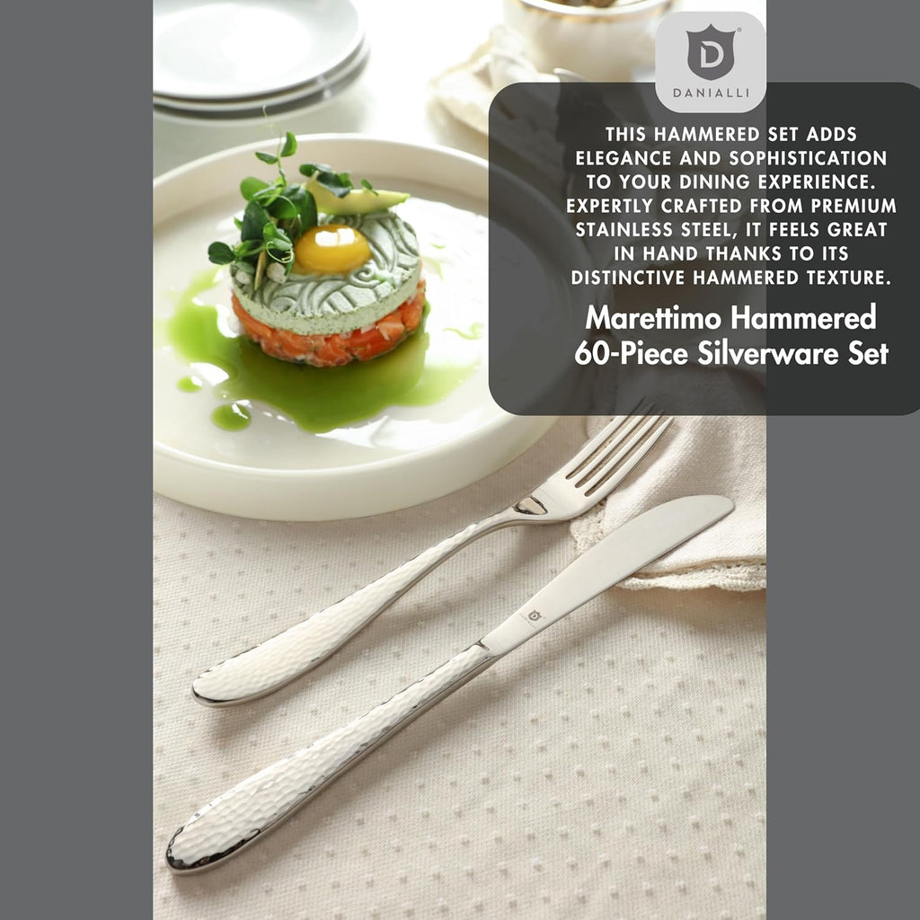Hammered Silverware Set | Premium 18/10 Stainless Steel Flatware Service for 12 | Heavy-Duty & Dishwasher Safe | Built to Last (60-Piece, Marettimo Hammered)