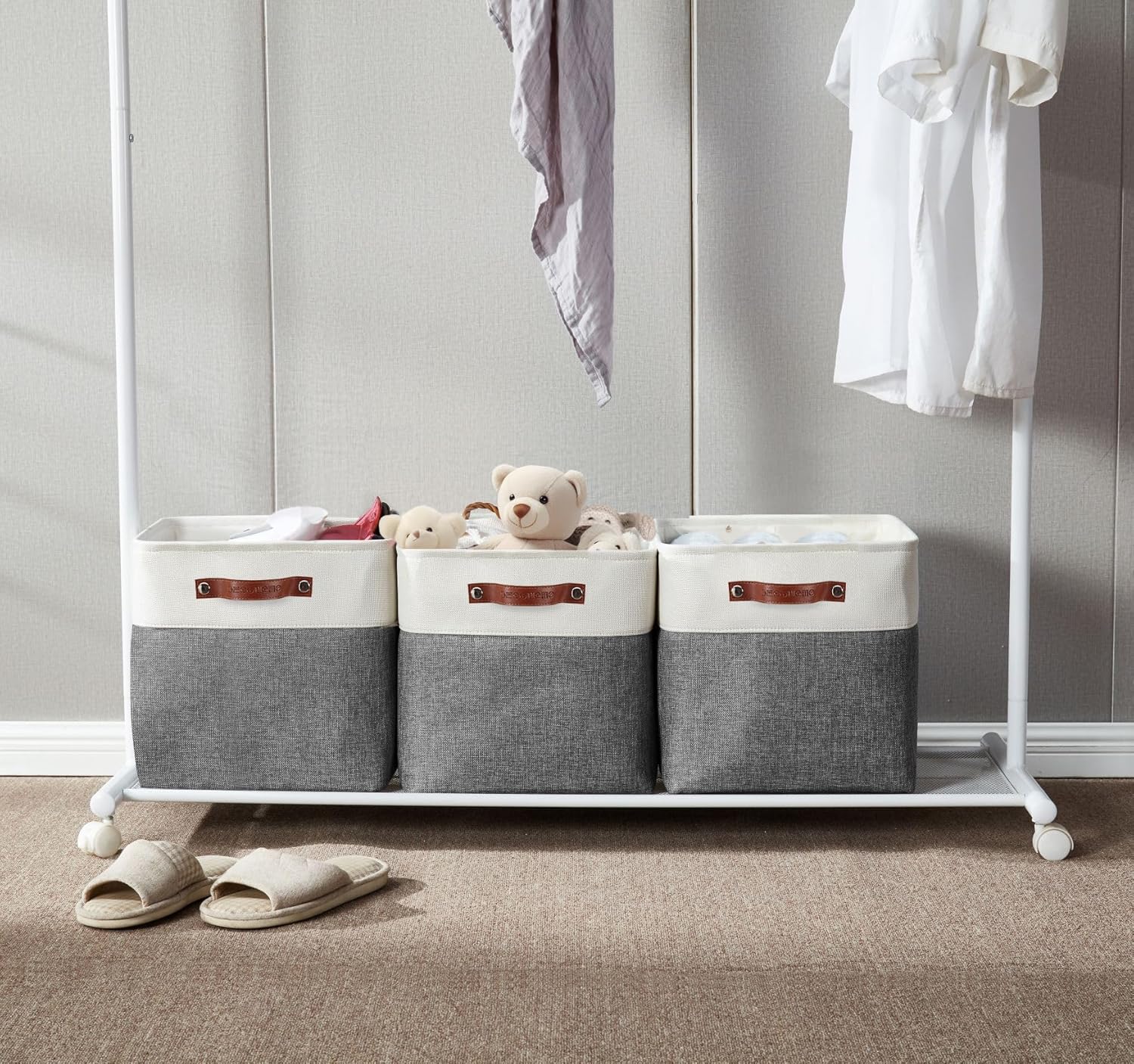 DECOMOMO Storage Cubes, 12x12 Storage Bins, Baskets for Shelves (Grey & White, Cube 12" - 4 Pack)