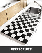 Rnivvi Dish Drying Mat for Kitchen Counter, XL 15 x 24" Cute Checkered Absorbent Draining Pad, Non-Slip Heat Resistant Coffee Bar Mat for Coffee Machine Station Accessories, Black White Dish Rack Pad
