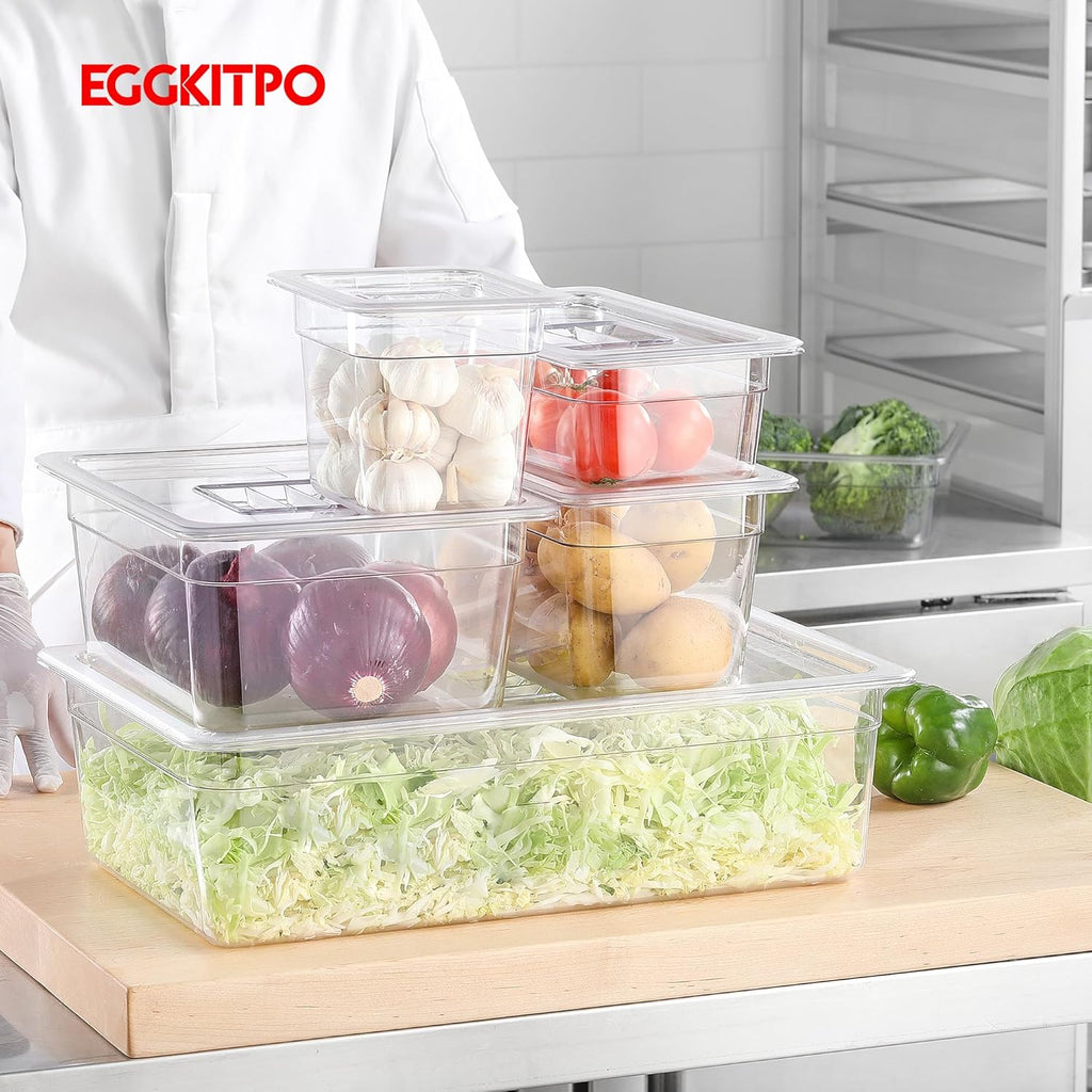 1/6 Size Food Containers 6 Pack 6 Inch Deep Pan Clear BPA free Polycarbonate Stackable Commercial Hotel Pan for Kitchen Business and Food Serving