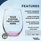 Custom Stemless Wine Glasses in Bulk by ARC Perfection, 15 oz, 50 pack, Personalized Text, Logo, Red or White Wine Glass Set, Pink