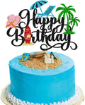 Gyufise 1Pcs Summer Beach Happy Birthday Cake Topper Glitter Ball Tree Umbrella Pool Cake Pick for Hawaiian Holiday Baby Shower Birthday Party Cake Decorations Supplies Black
