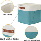 DULLEMELO Storage Bins for Organizing,Closet Storage Baskets for Gift Empty,Large Linen Canvas Storage Bins with Handles for Home Office Toys Shelves(White&Teal, 13 inch Cube)