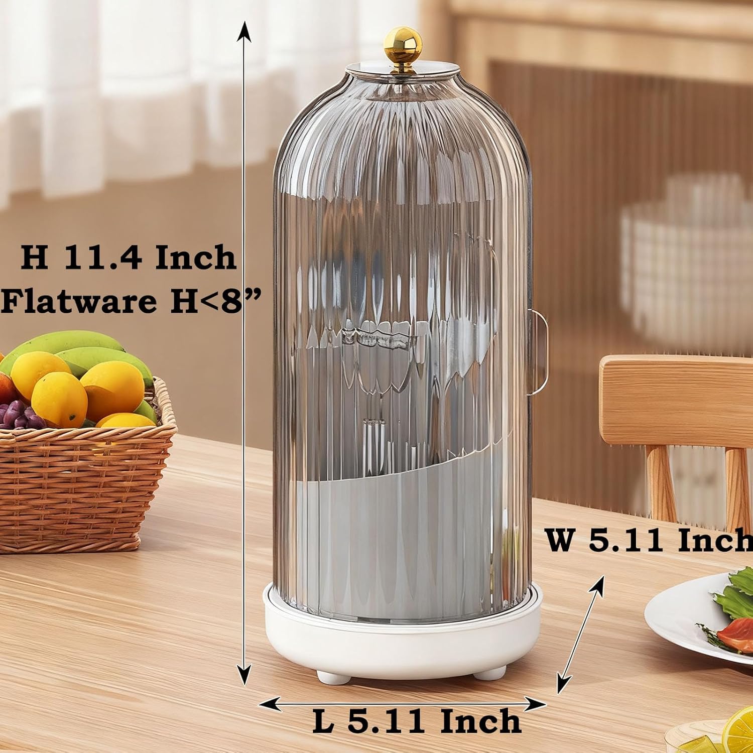 JEESA Utensil Holder with Lid, 360° Rotating Flatware Organizer for Cutlery Spoon Fork(H Less 8"), Silverware Caddy Organizer Drainage Dustproof Flatware Holder Kitchen Countertop Storage, Gray