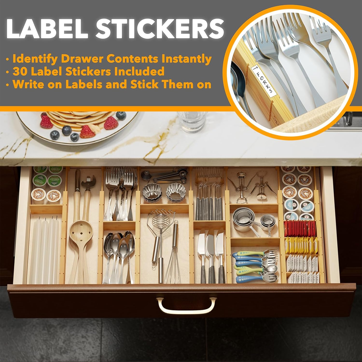 SpaceAid Bamboo Drawer Dividers with Inserts and Labels, Kitchen Adjustable Drawer Organizers, Expandable Organization for Home, Office, Dressers, 7 Dividers with 15 Inserts (17"-22" Natural)