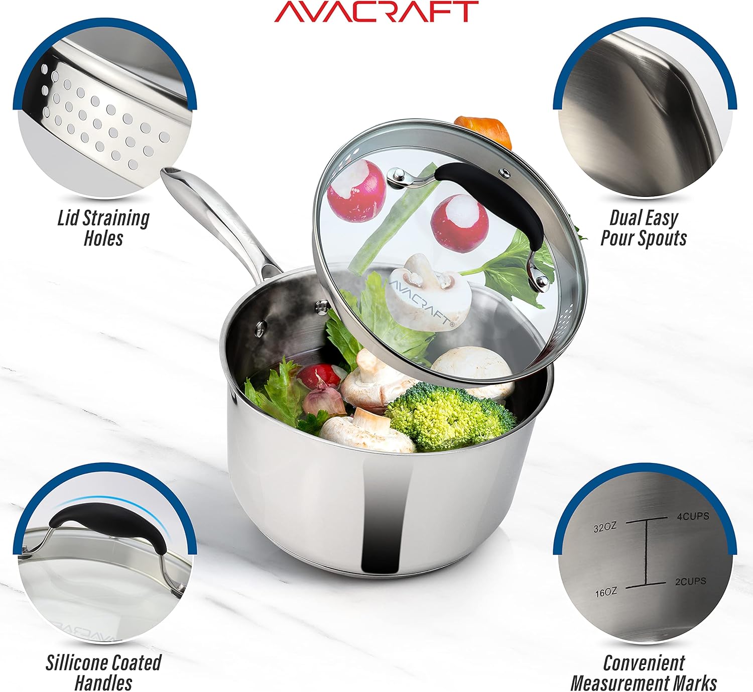 AVACRAFT Multipurpose Sauce Pan/Pot, Stainless Steel with Glass Strainer Lid, Two Side Spouts for Easy Pour with Ergonomic Handle (5-Ply Capsule Bottom, 1.5 Quart)