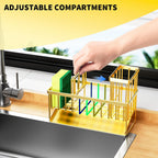 Cisily Gold Kitchen Sink Caddy Organzier with High Brush Holder, Sponge Holder for Sink, 304 Rustproof Stainless, Kitchen Countertop Soap Dispenser Organizer, Home Decor and Accessories