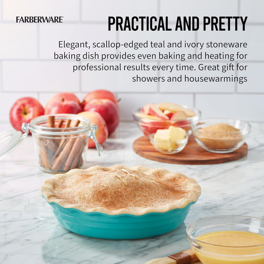 Farberware Bakers Advantage Durable Stoneware Ceramic Pie Dish, Ideal for Making Sweet and Savory Dishes, Heat Resistant, 10 Inch, Teal