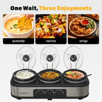Sunvivi Slow Cooker with 10 Cooking Liners, Triple Slow Cooker Buffet Server 3 Pot Food Warmer for Parties with 3 Spoons ? Lid Rests,Adjustable Temp, 3 * 1.5 Quarts Silver