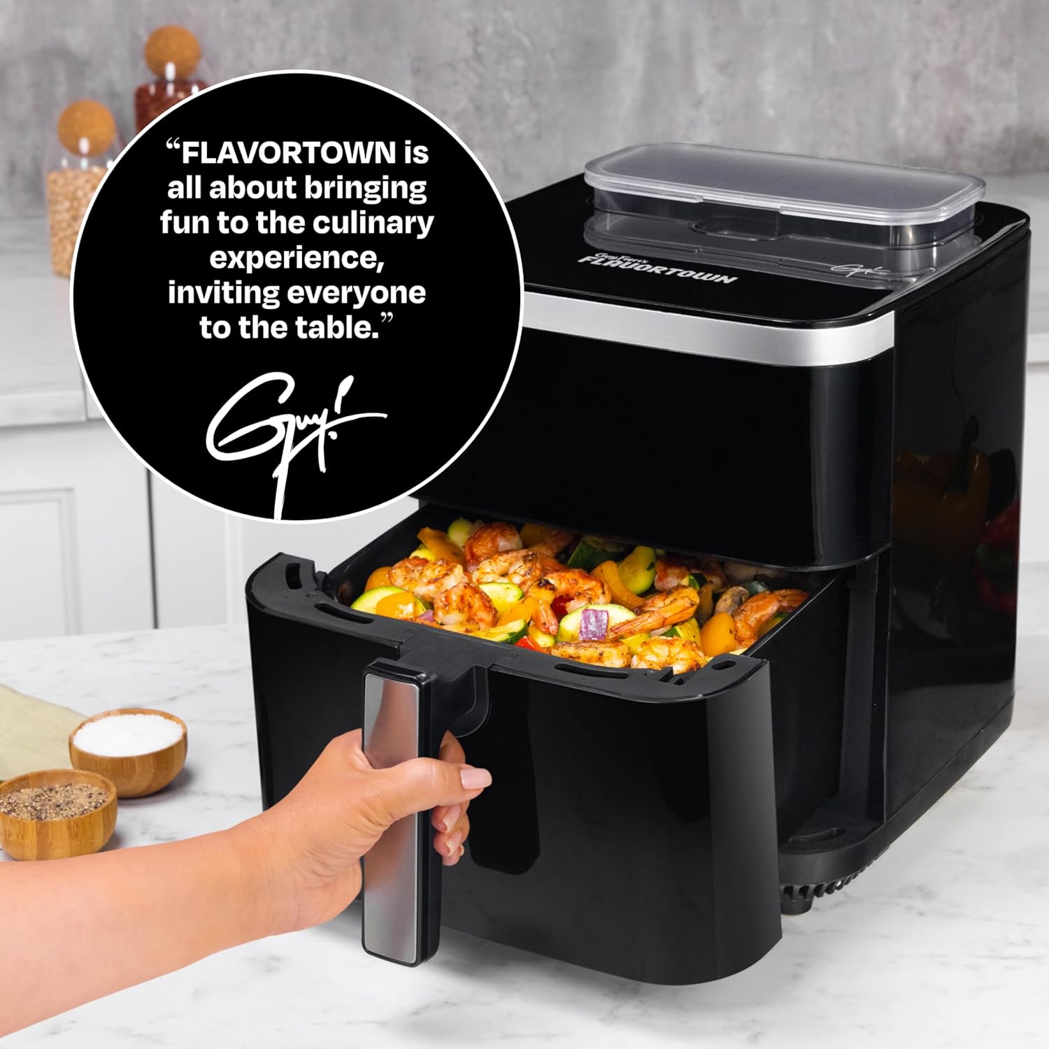Guy Fieri's Flavortown 6.5 Quart Steam Air Fryer with Moisture Lock Technology – Programmable Steamer and Air Fryer Combination, Temperature Control, 10-Presets, 1700 Watts